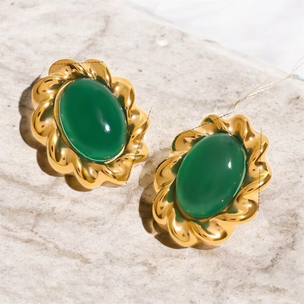 Retro 18K Plated  Gold and Green Earrings